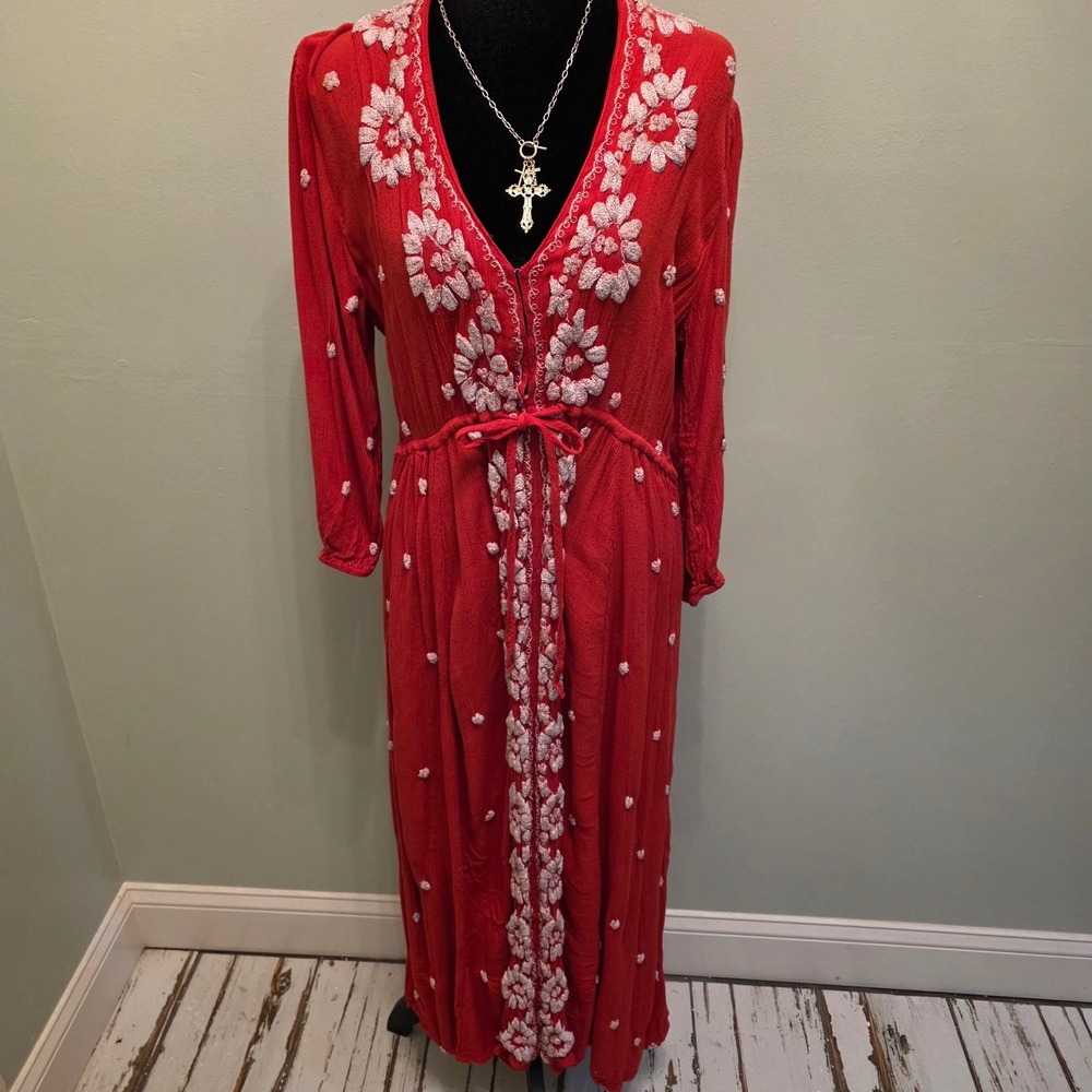 Free People Red Embroidered Maxi Dress Long Sleeve V-Neck Boho Gauze Size M